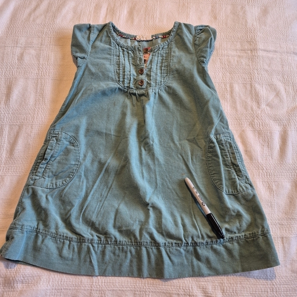 Mini Boden girls size 5-6 years teal corduroy dress, has pockets & defects